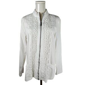 Soft Surroundings Medium White Eylet Lace Zip Jacket Cottagecore Boho Pockets